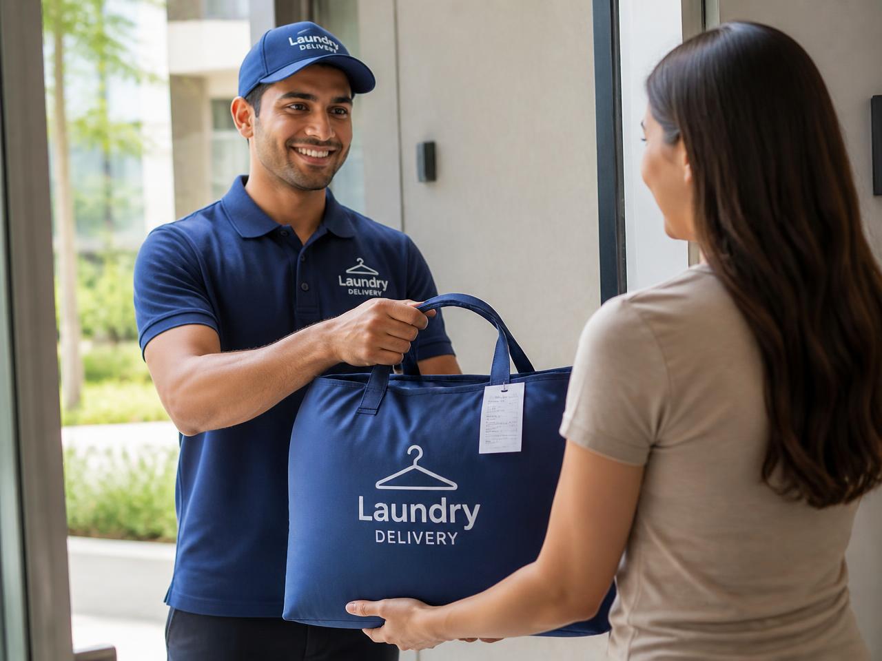 LonDry delivery partner handing a packed laundry bag to a customer in Kokapet